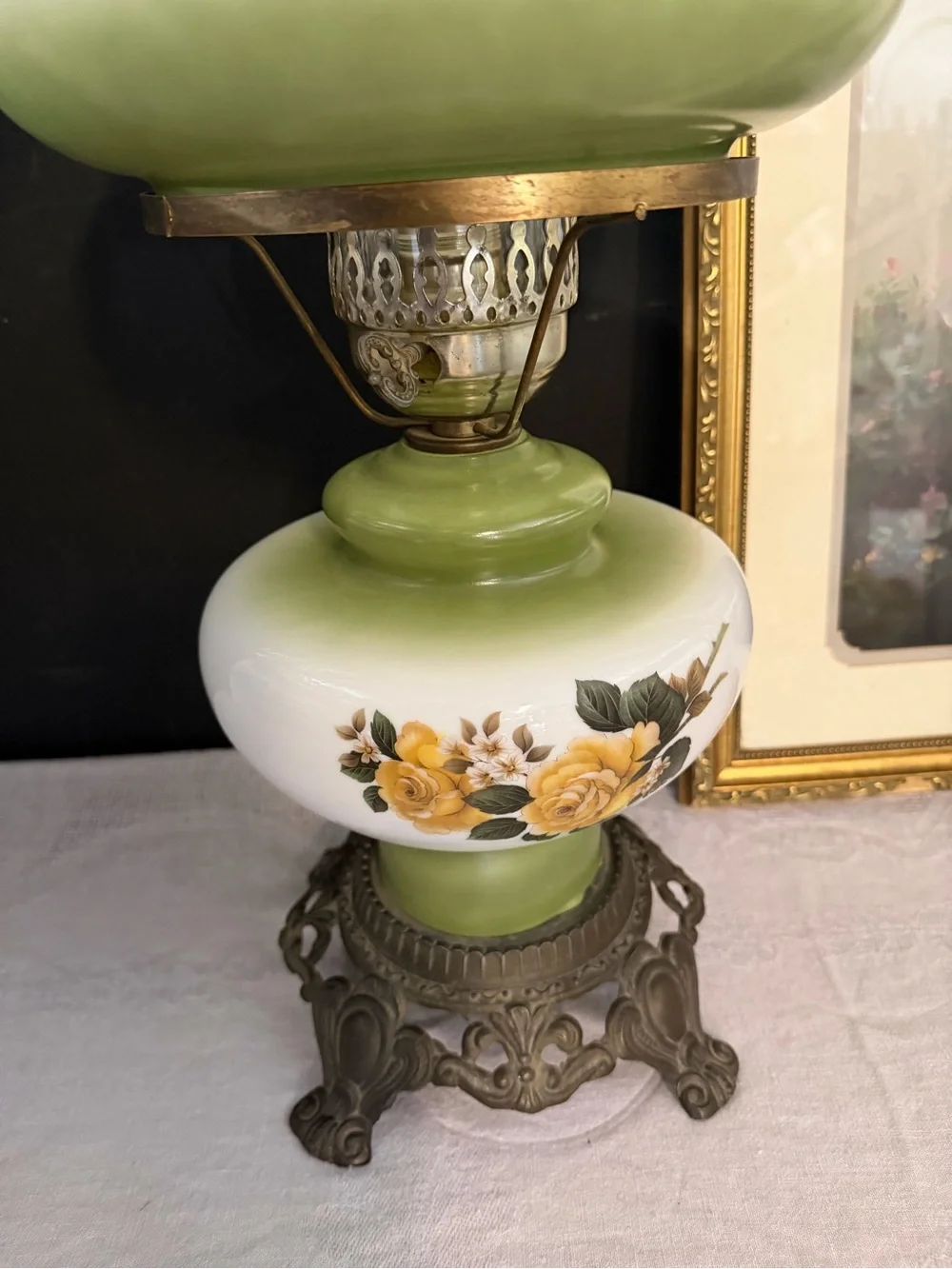Vintage Floral Hurricane Lamp in Yellow, Green & White